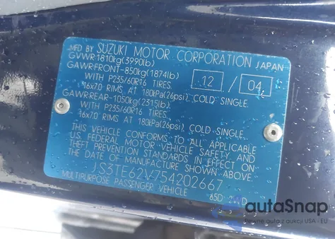 2005 Suzuki Grand Vitara Ex/Lx z USA, uszkodzony, nr VIN JS3TE62V754202667